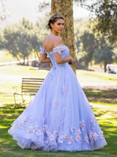 A Line off the shoulder Applique Tulle Floor Length Prom Dress